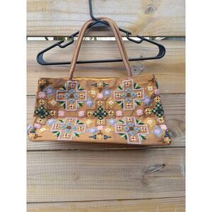 Essentials Bronze Beaded Embroidered Geometric Cross Tote Handbag Gold Silk Look
